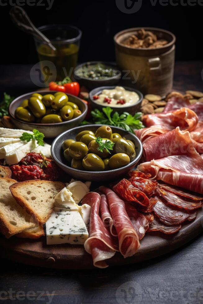 Spanish tapas platter with meats, olives and bread, accompanied by wine on a rustic wooden table photo