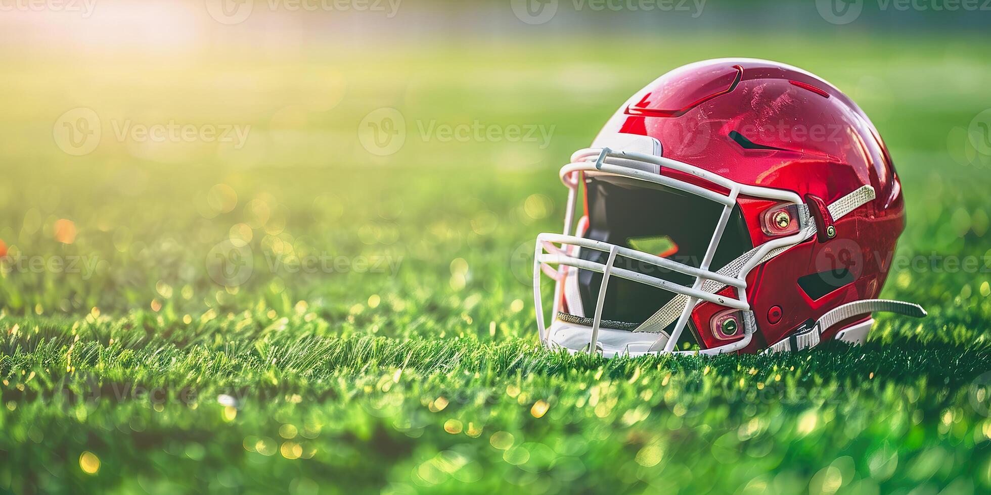 Red American Football Helmet on Lush Green Field, sport background, copy space photo