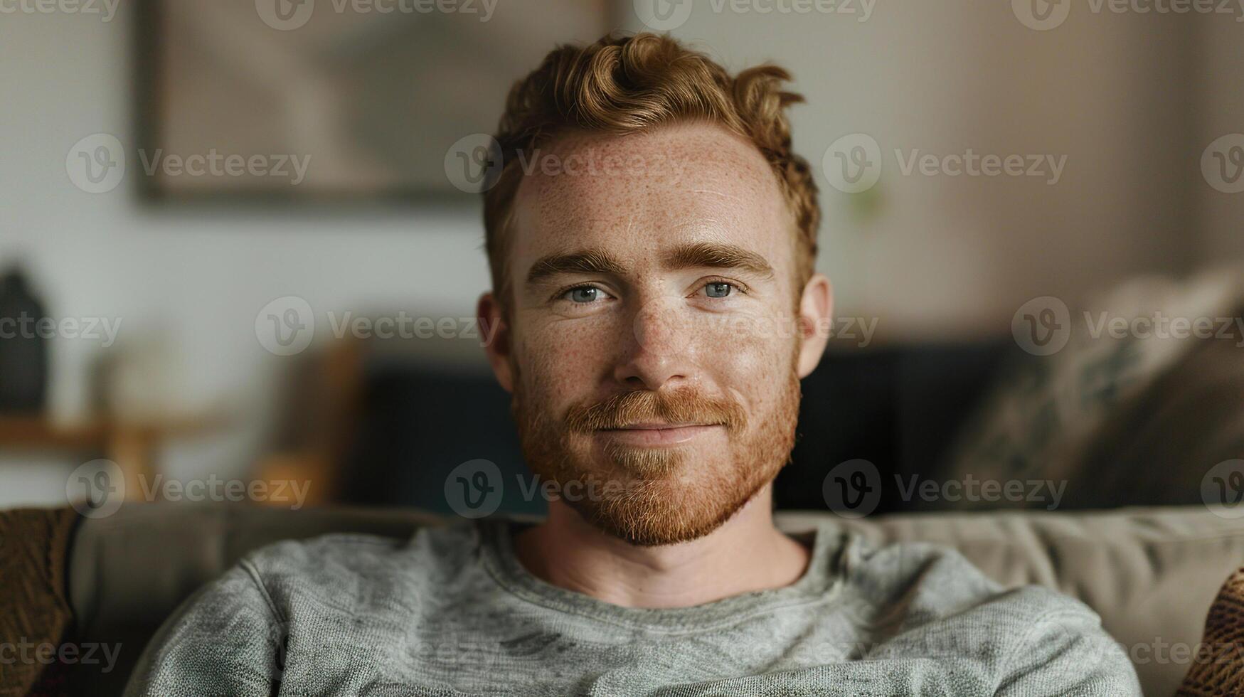 Young Irish man sitting indoors at home on couch photo