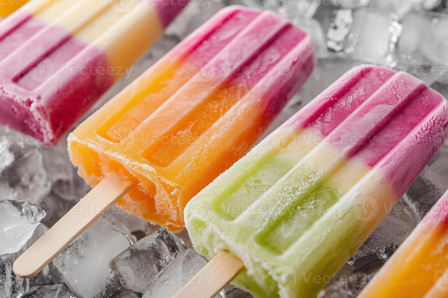 Group of colorful popsicles on ice, closeup photo