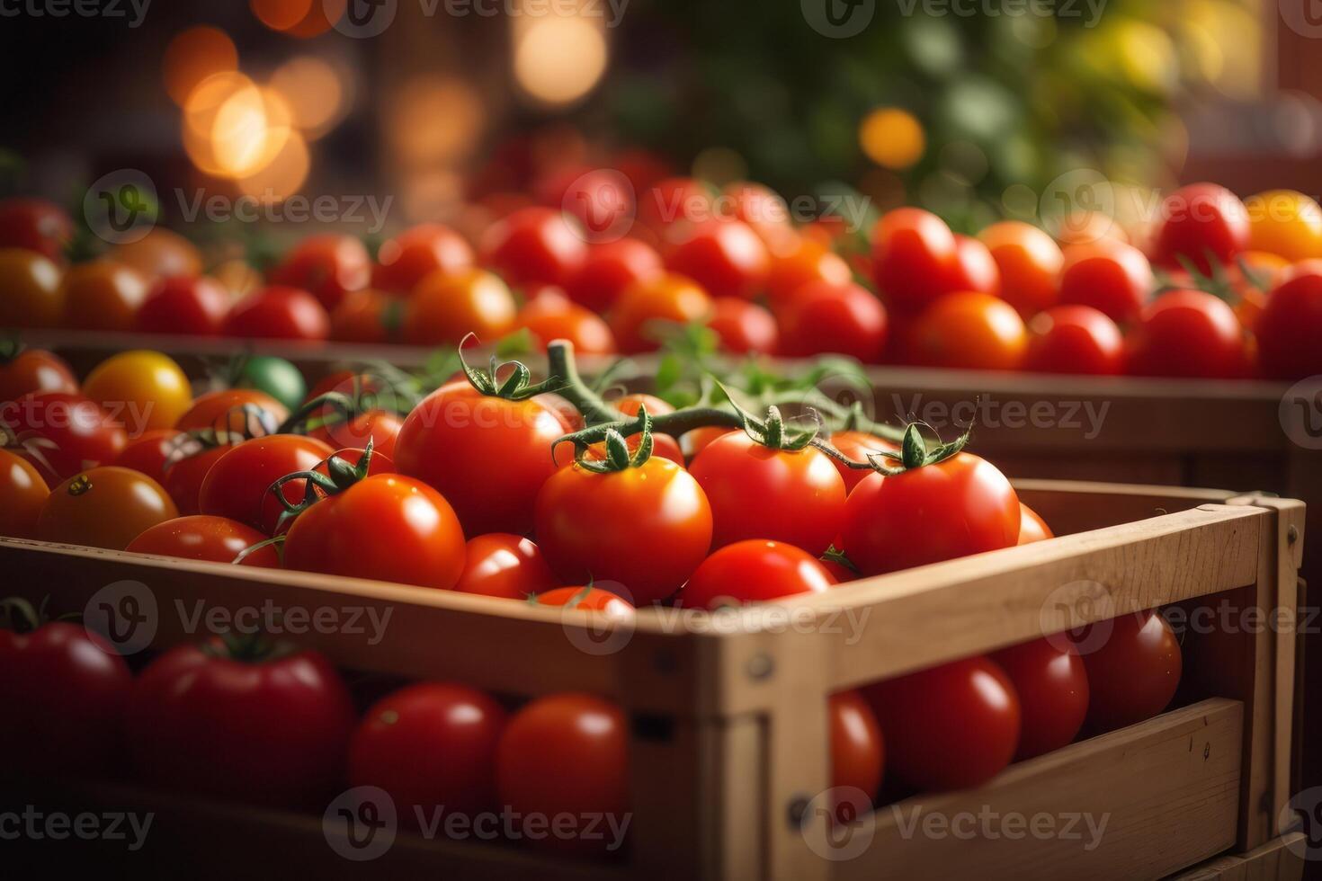 Fresh red tomatoes in wooden box, agriculture, farming and harvesting photo