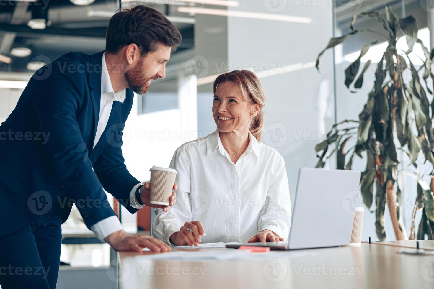 Happy mature female boss discussing online project with employee photo