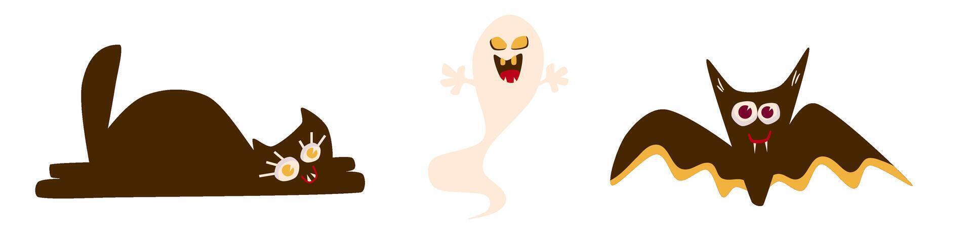 Retro Groovy Halloween set character. Trippy retro spooky elements. Groovy boho illustration. Autumn october holiday. vector