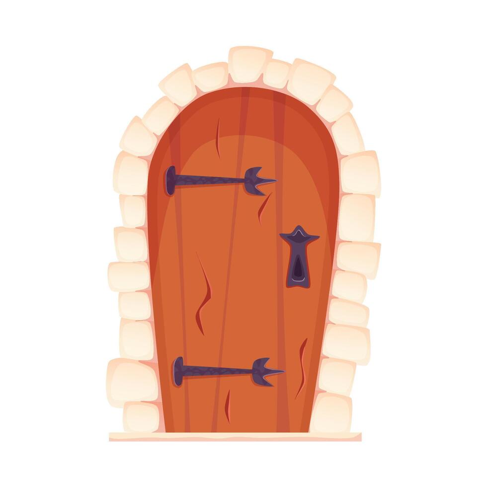 Wooden castle door cartoon . Old medieval entrance with stones and iron. The door of the castle in the dungeon or prison for games. Cartoon illustration vector