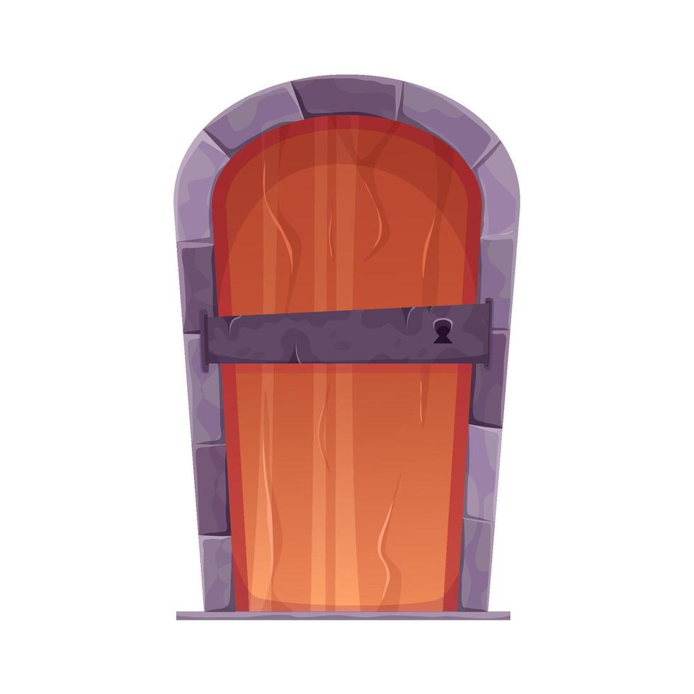 Wooden castle door cartoon . Old medieval entrance with stones and iron. The door of the castle in the dungeon or prison for games. Cartoon illustration vector