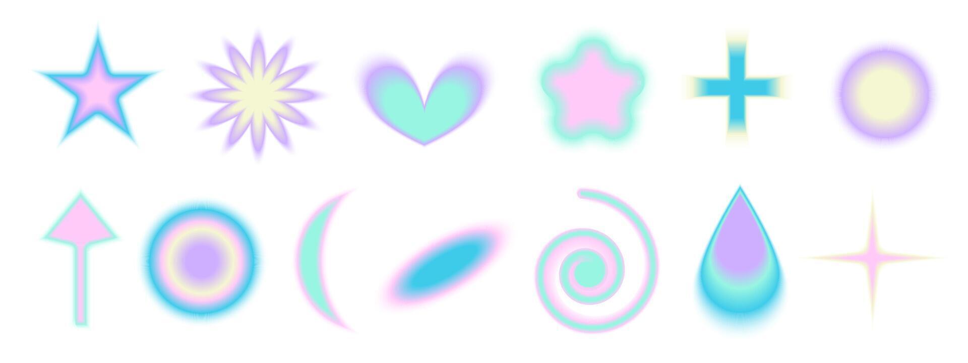 Gradient Y2k shape blur set. Flower, star, heart blurry aesthetic y2k. pastel form illustration. Aura gradient shape vector