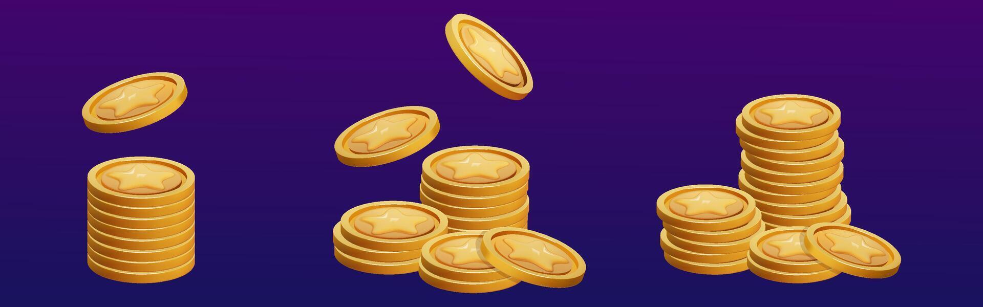 Game Coin Stack set 3d render isolated. Gold Money on dark background. Coin with star for game reward and prize. 3d illustration. vector