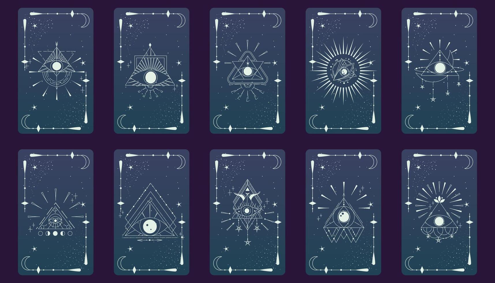 Tarot card set with mystic eye pyramid and celestial border. Boho esoteric tarot card with eye and frame. illustration. Sacred geometry celestial triangle vector