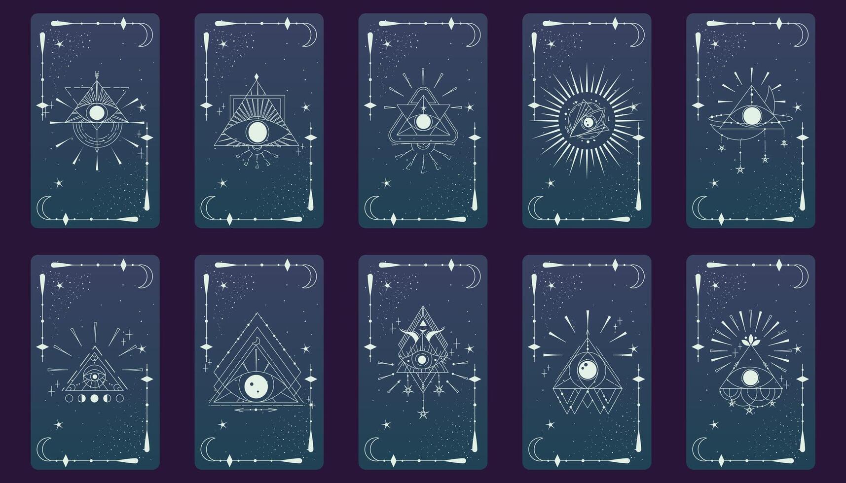 tarot tarjeta conjunto con místico ojo pirámide y celestial borde. boho esotérico tarot tarjeta con ojo y marco. ilustración. sagrado geometría celestial triángulo vector