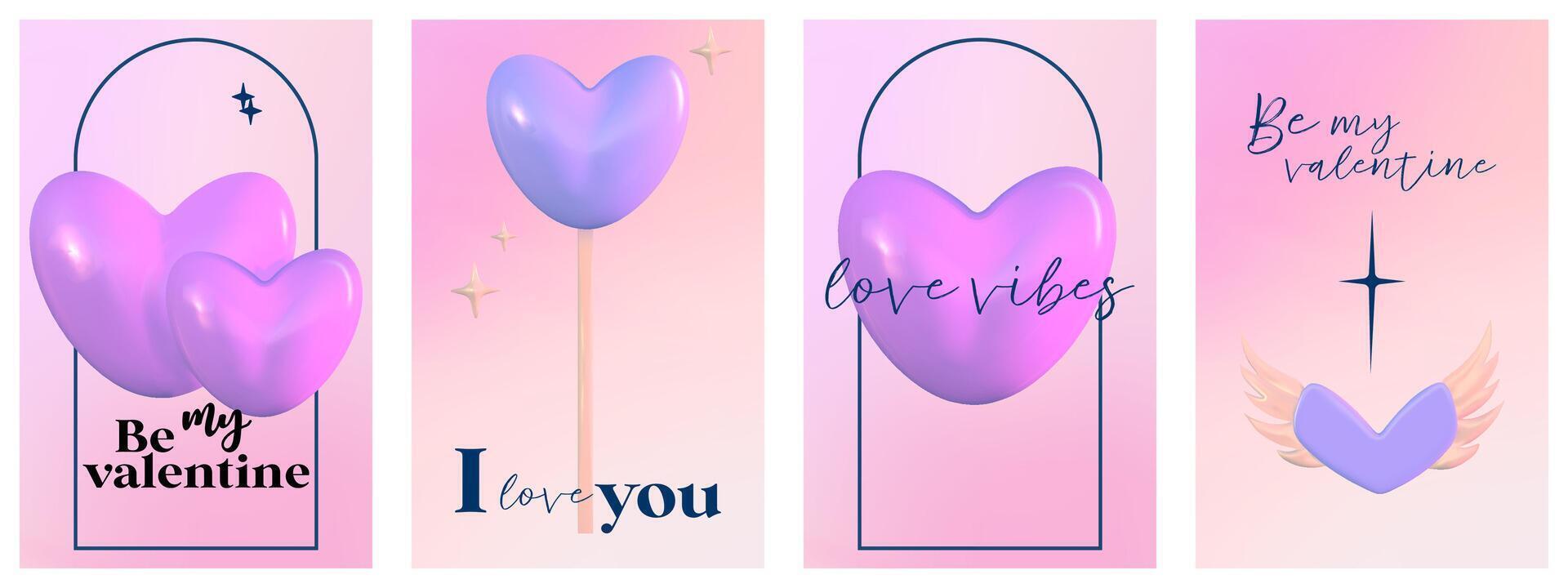 Abstract Y2K Heart gradient poster with aesthetic 3D. Purple template with gradient. Design for card, banner, story. Aesthetic 3d illustration vector