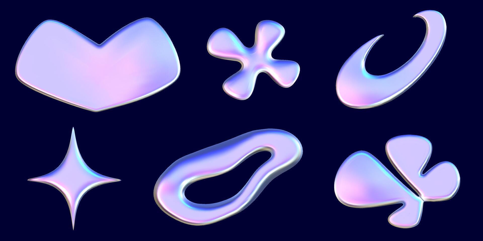 Set y2k chrome 3D objects. Trendy metal elements. Silver glossy abstract shape. 3D render illustration. vector