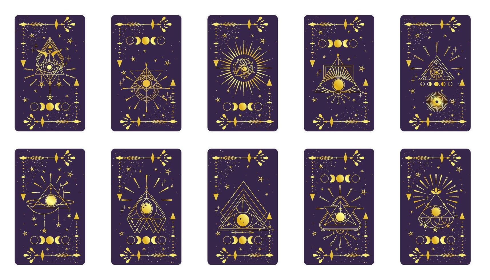 Tarot card gold set with mystic eye pyramid isolated. Boho esoteric tarot card with eye and star. illustration. Sacred geometry celestial triangle vector