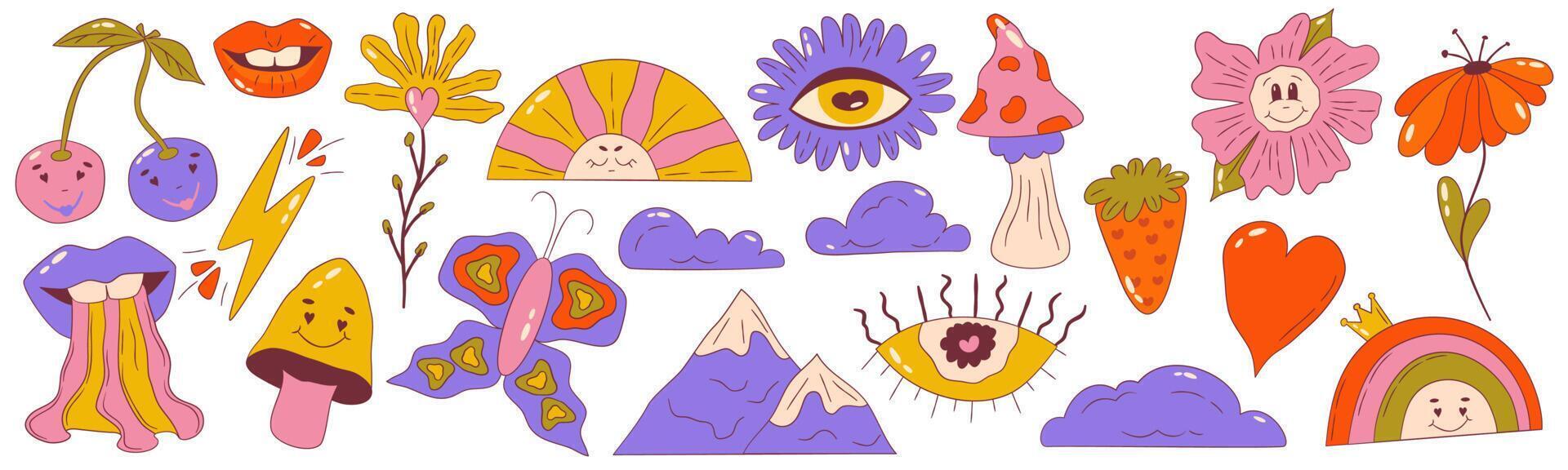 Psychedelic groovy set of Retro 70s elements. Cartoon daisy flowers, sun and rainbow with crown mushrooms, lips clipart. Positive groovy hand drdawn isolated symbols with eye vector