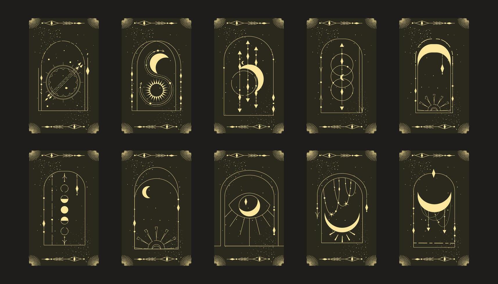 Tarot card set with mystic celestial frame. Boho esoteric tarot card with moon and frame. illustration. Sacred geometry celestial arch vector