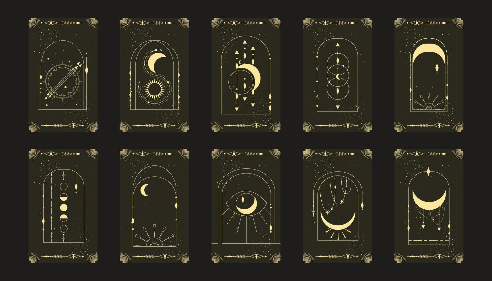 tarot tarjeta conjunto con místico celestial marco. boho esotérico tarot tarjeta con Luna y marco. ilustración. sagrado geometría celestial arco vector