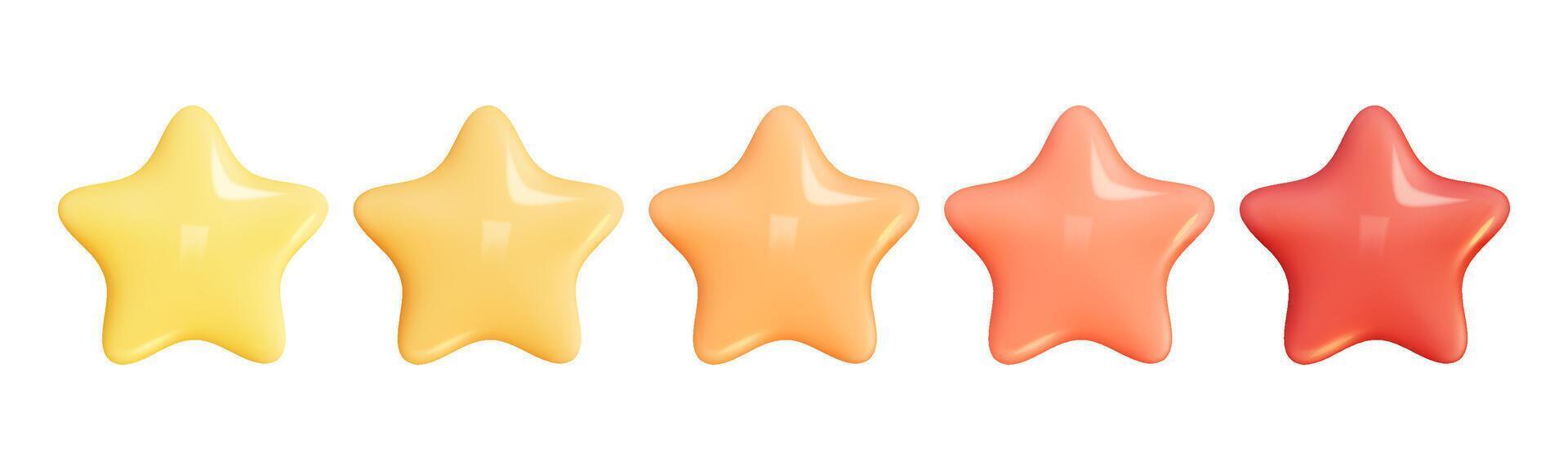Star 3D Review plastic render. Set star for feedback and rank. 3d cartoon game element. Shape for app and game design. illustration. vector