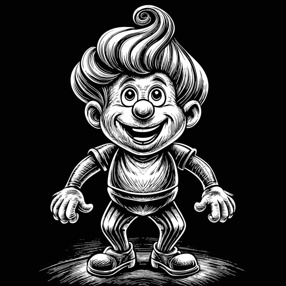 a black and white drawing of a cartoon character with a big smile on his face vector