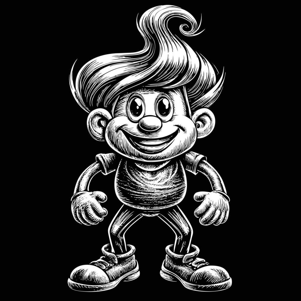 un negro y blanco dibujo de un dibujos animados personaje con un grande sonrisa en su cara vector