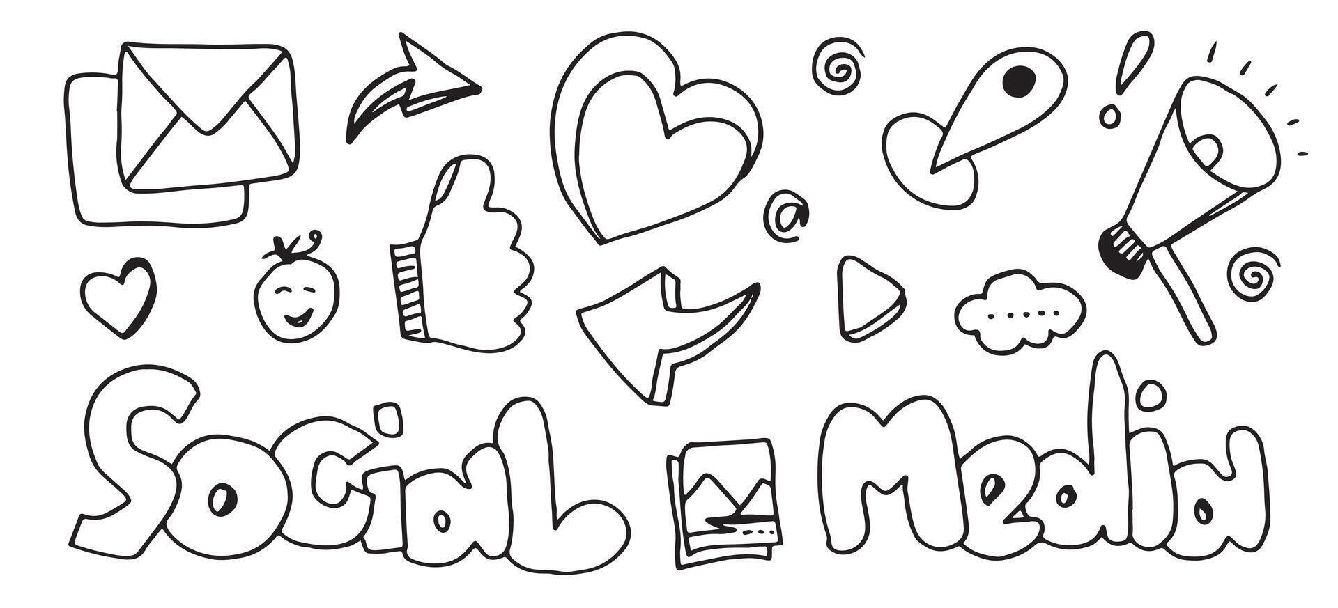 line art Doodle cartoon set of objects and symbols on the Social Media theme. vector