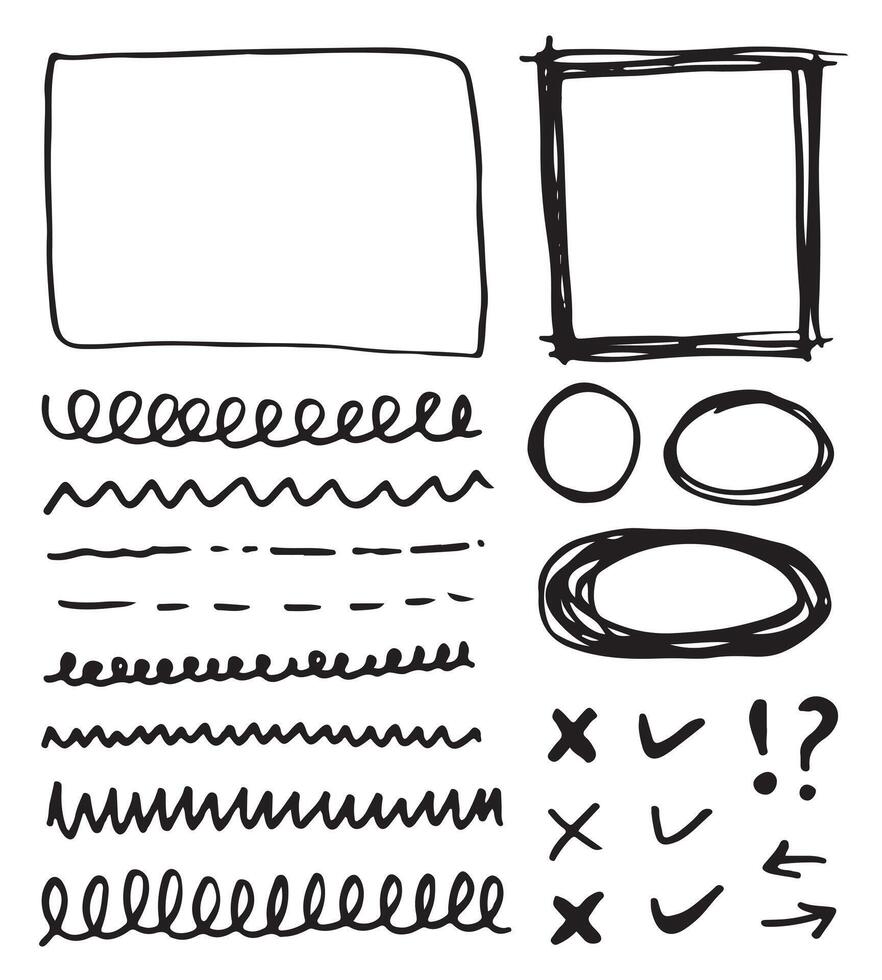 Doodle lines and curves.Hand drawn check and arrows signs. Set of simple doodle lines, curves, frames and spots. Collection of pencil effects. Doodle border. Simple doodle set. vector