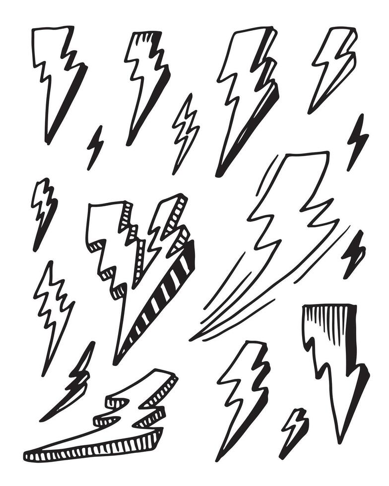 set of hand drawn doodle electric lightning bolt symbol sketch illustrations. thunder symbol doodle icon. vector