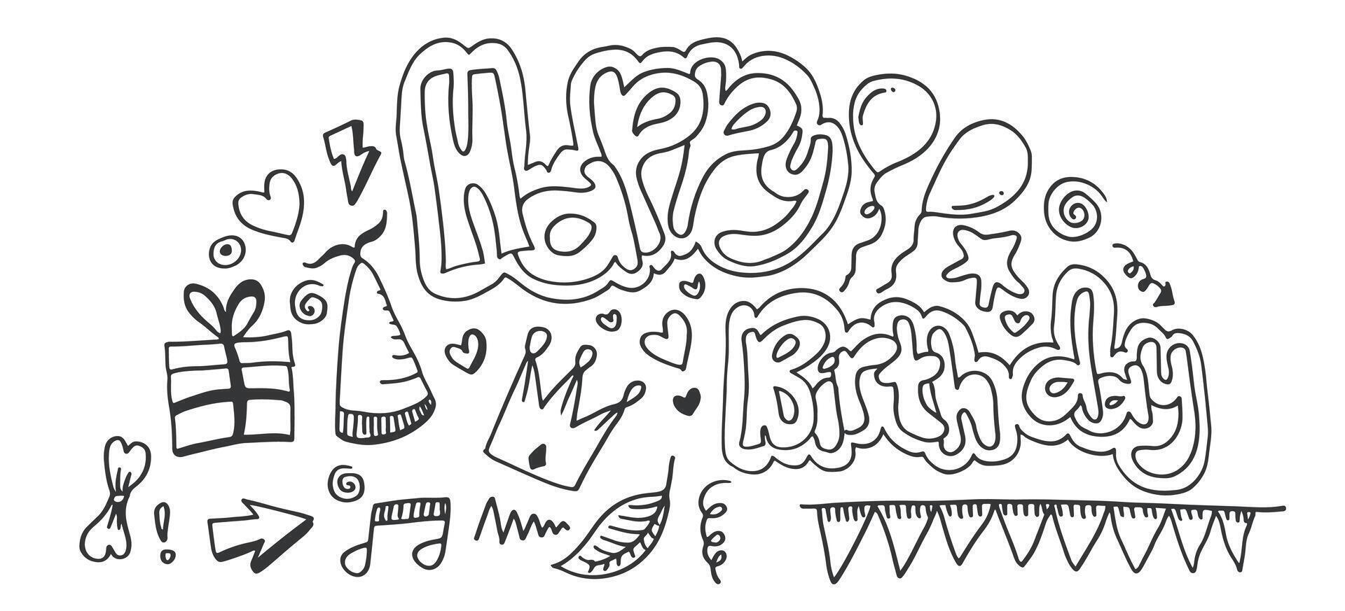 set of hand drawn doodle cartoon objects and symbols on the birthday party. vector