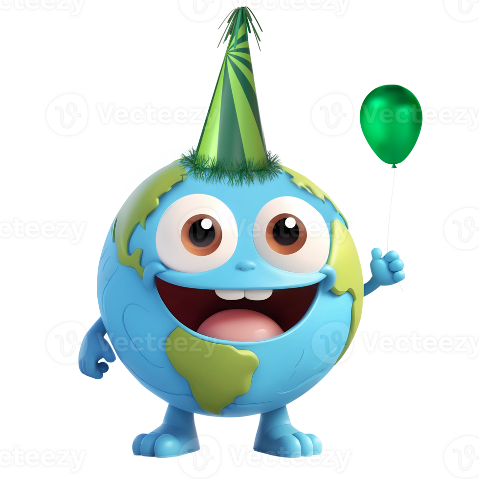 3d rendering happy cartoon planet earth character wearing party hat and holding green balloon png