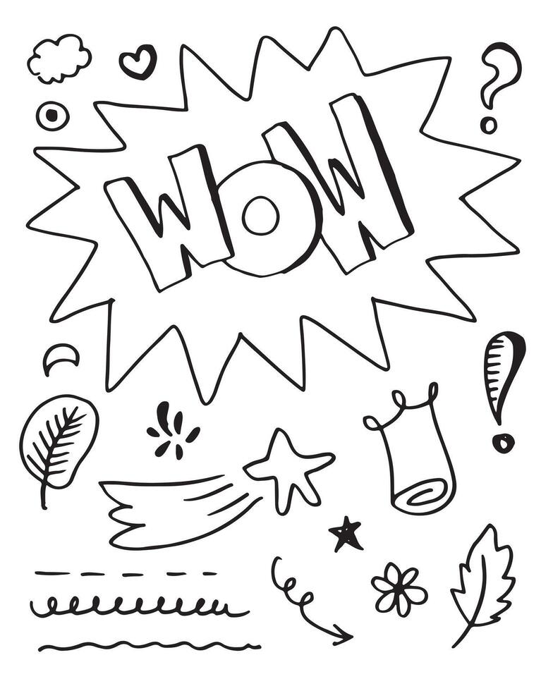 hand drawn set elements, black on white background. hearts, lights, emphasis, swirls, crown, arrows and wow text for concept designs. vector