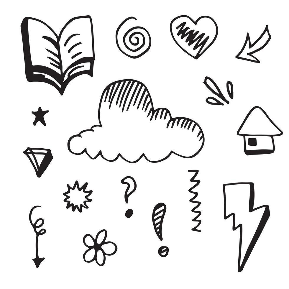 Hand drawn set elements, black on white background.Arrow, heart, book, cloud, thunderbolt for concept design. vector