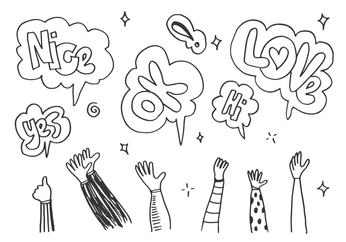 Applause hand draw on white background with ok, yes,nice, love, hi text. illustration. vector
