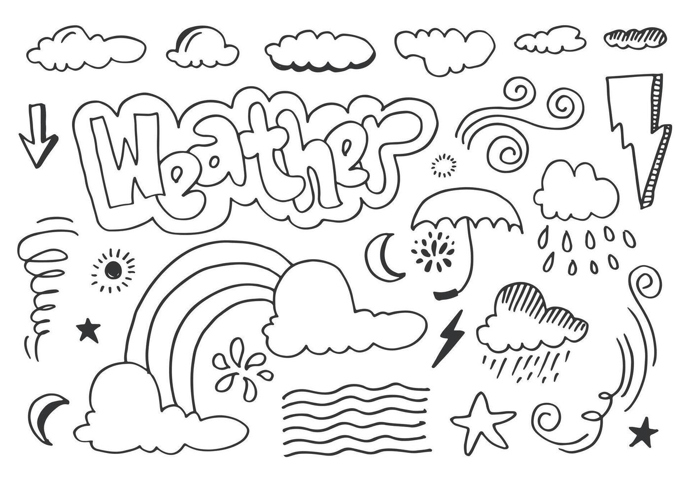 Weather Doodle Set isolated on a grey background. hand drawn illustration. vector