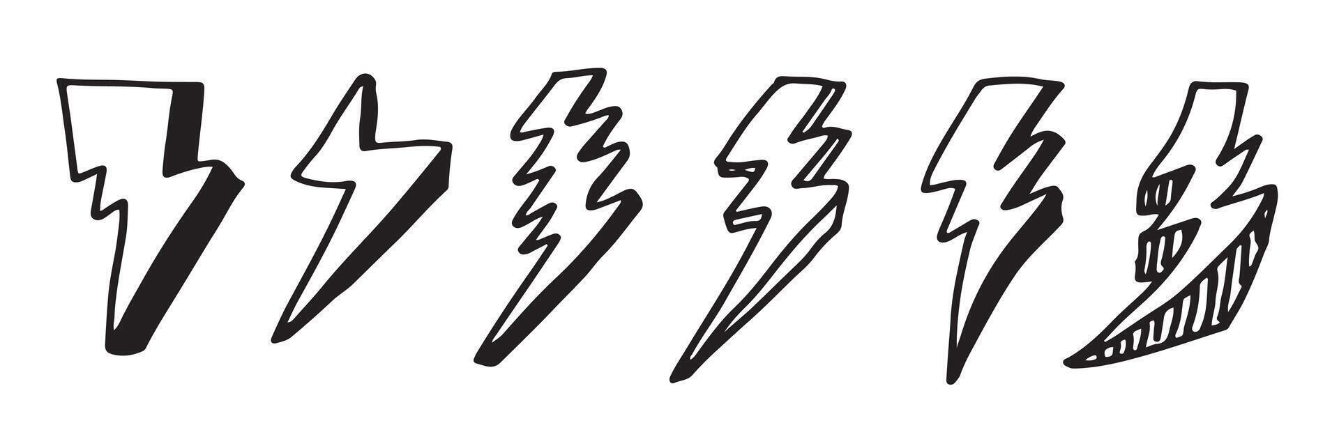 set of hand drawn doodle electric lightning bolt symbol sketch illustrations. thunder symbol doodle icon. vector