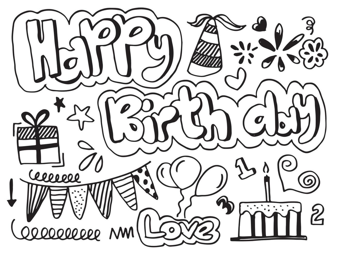 set of hand drawn doodle cartoon objects and symbols on the birthday party. vector