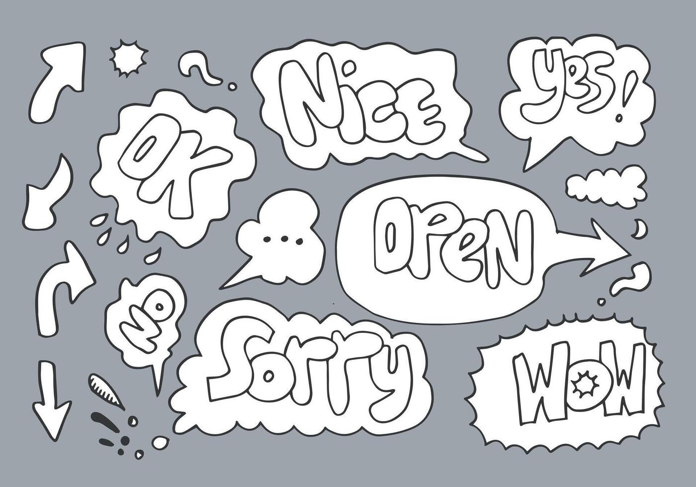 Hand drawn arrows, borders set with handwritten textOK,YES,NO,OPEN,SORRY,WOW. icon. vector