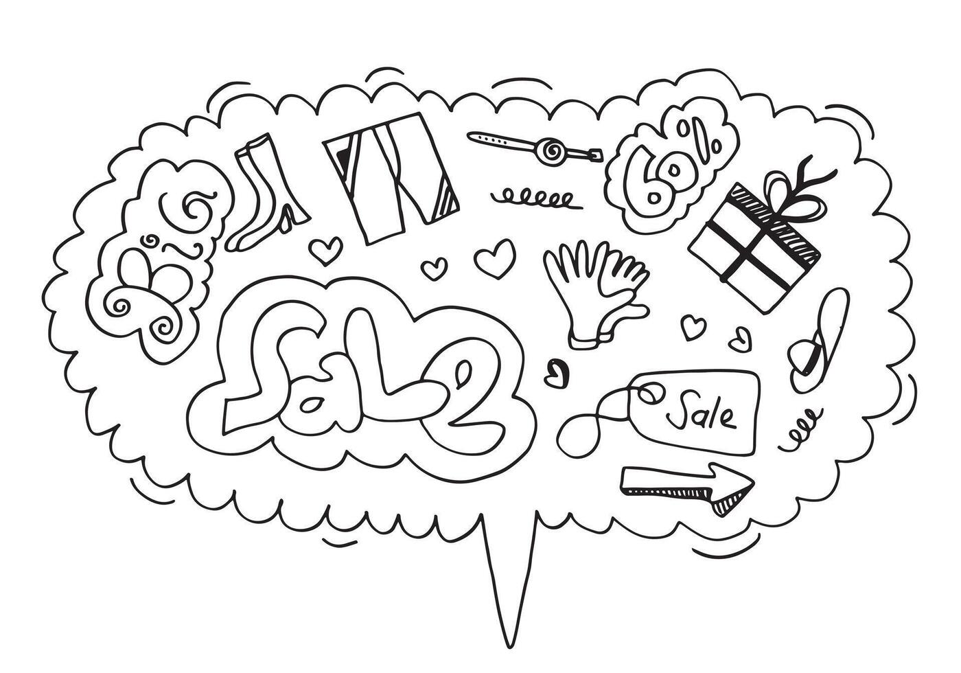 Hand drawn shopping doodle icon set on speech bubble. vector