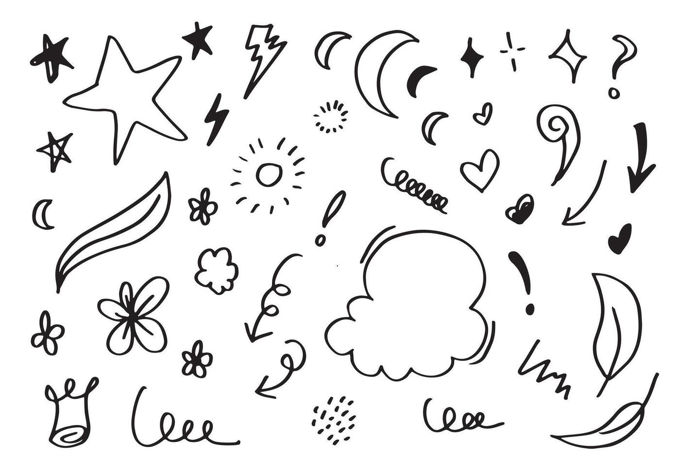 Hand drawn doodle design elements, black on white background. cloud, stars, emphasis, Arrow, crown. doodle sketch design elements. vector
