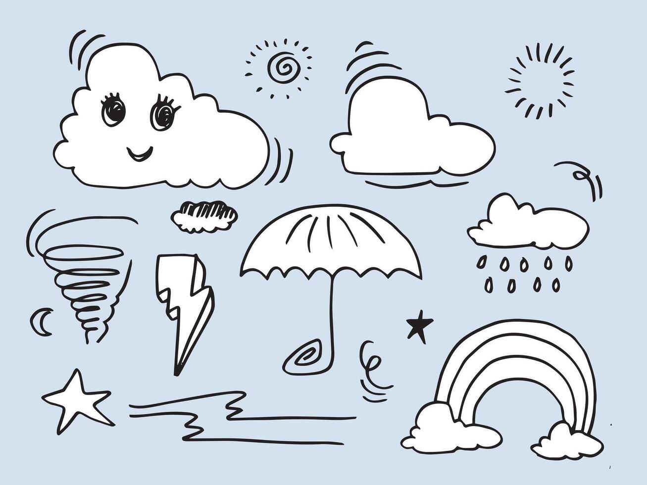 Weather Doodle Set isolated on a blue background. hand drawn illustration. vector