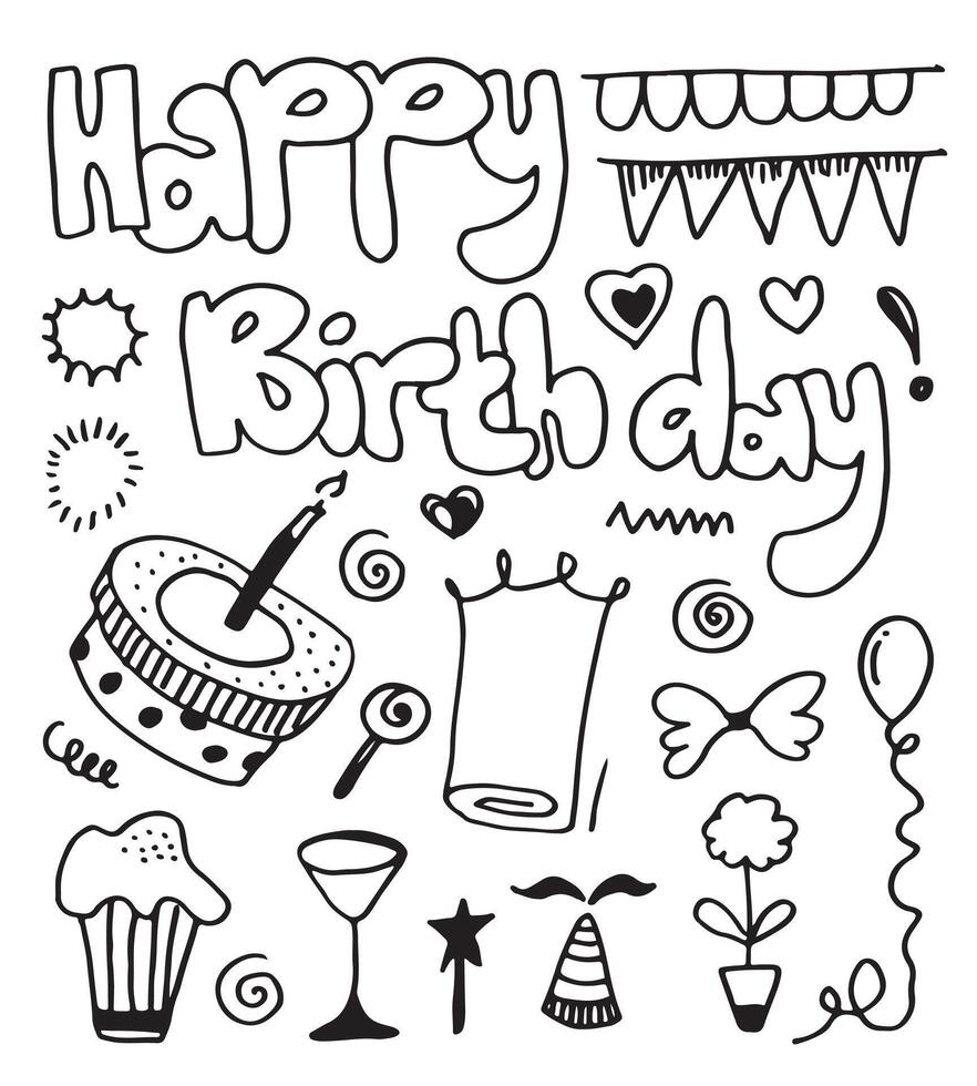 set of hand drawn doodle cartoon objects and symbols on the birthday party. vector