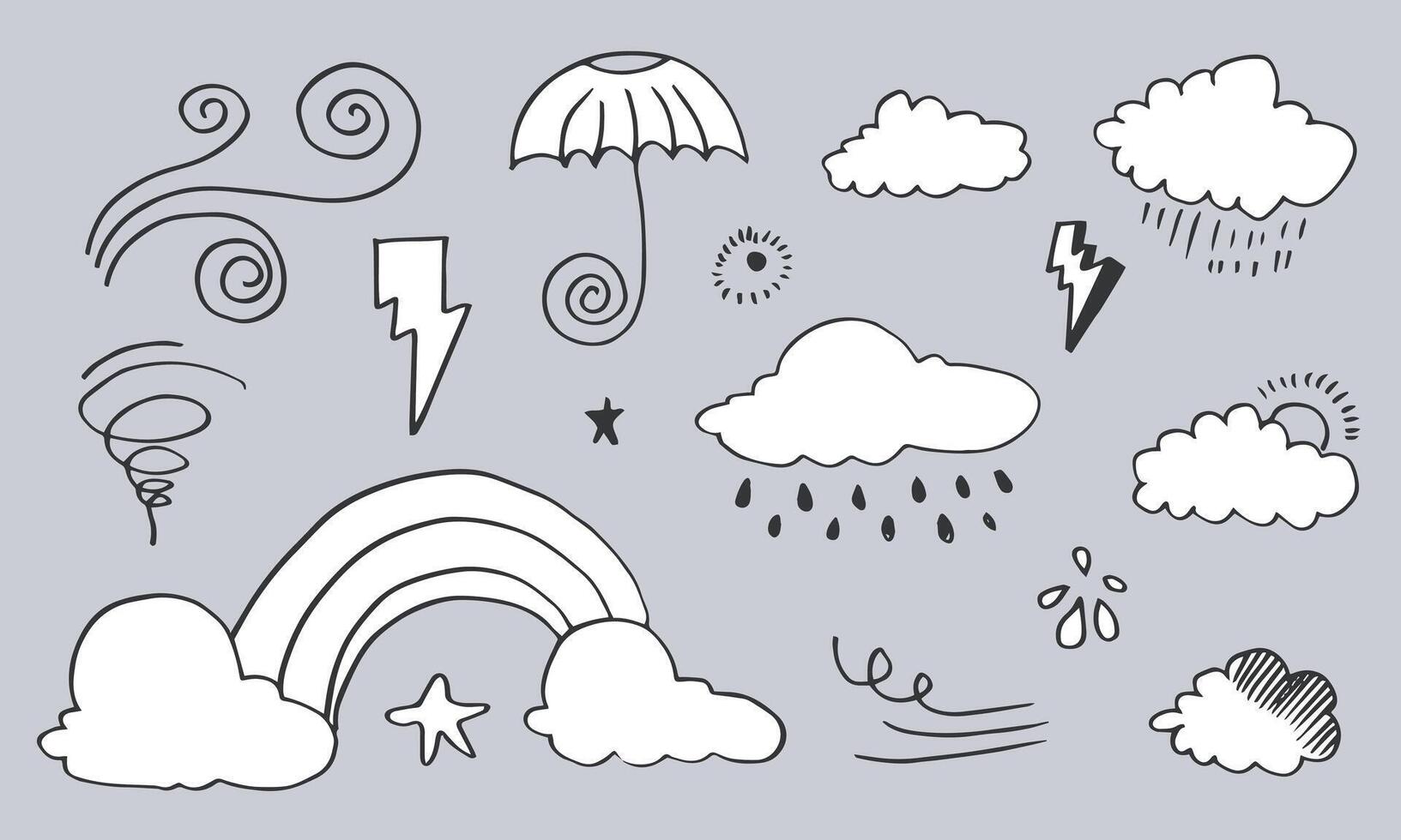 Weather Doodle Set isolated on a grey background. hand drawn illustration. vector