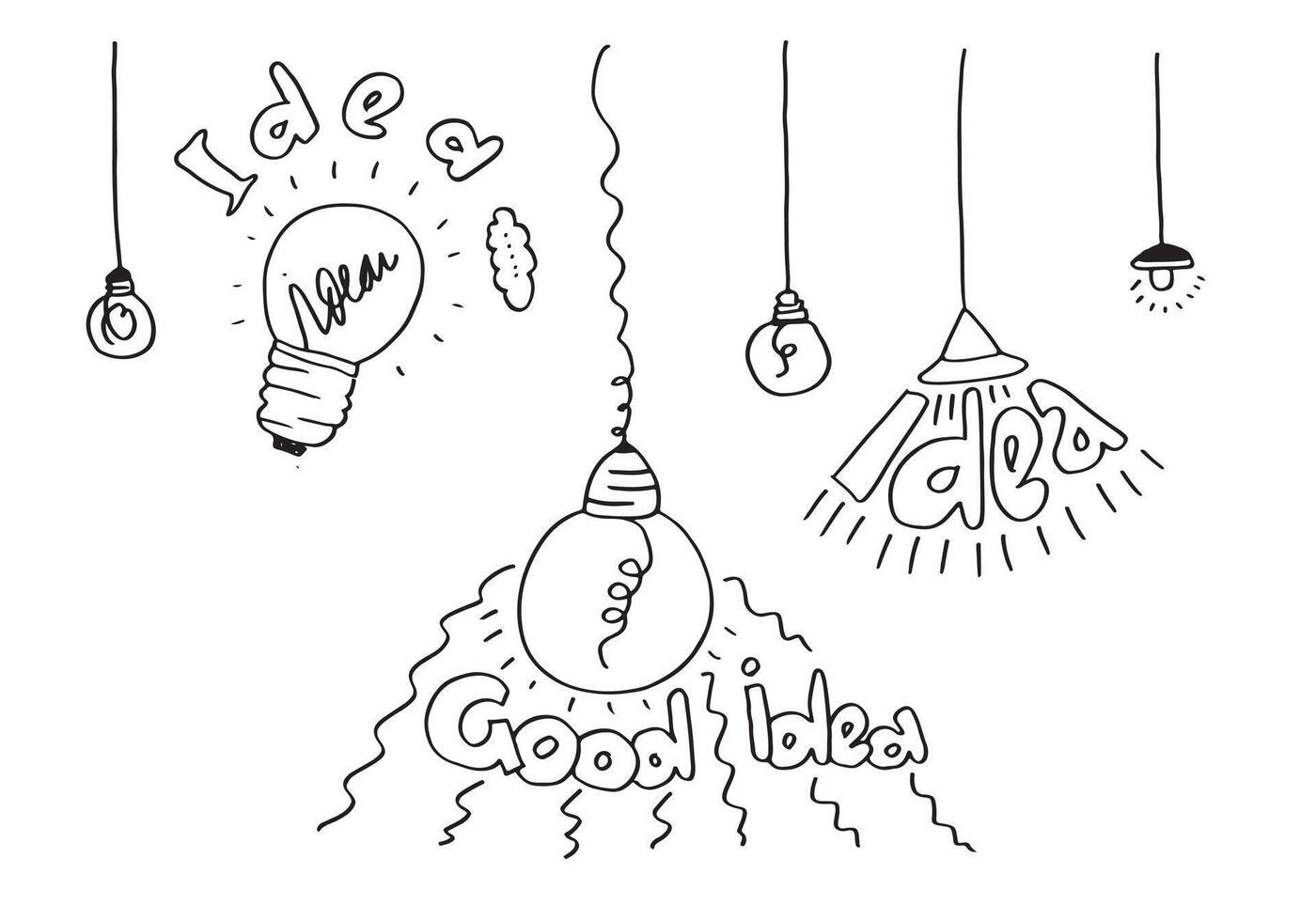 Hand drawn light bulb icons with concept of idea. Doodle style. illustration. vector