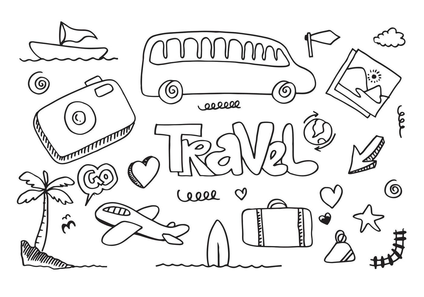 Set of hand drawn travel doodle. illustration.Doodle art world travel collection design. vector