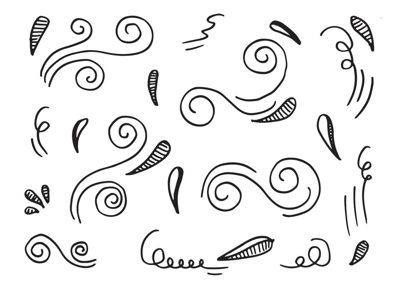 Hand drawn sketchy Doodle cartoon set of curls and swirls decorative elements for concept design vector