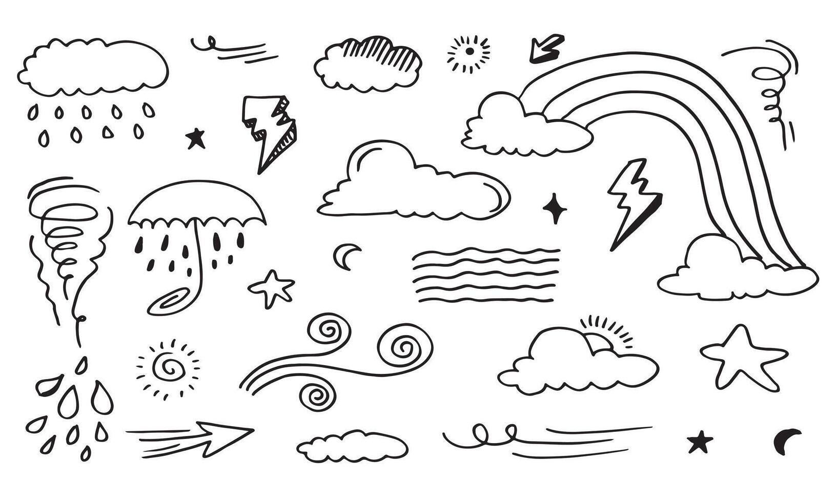 Weather Doodle Set isolated on a white background. hand drawn illustration. vector