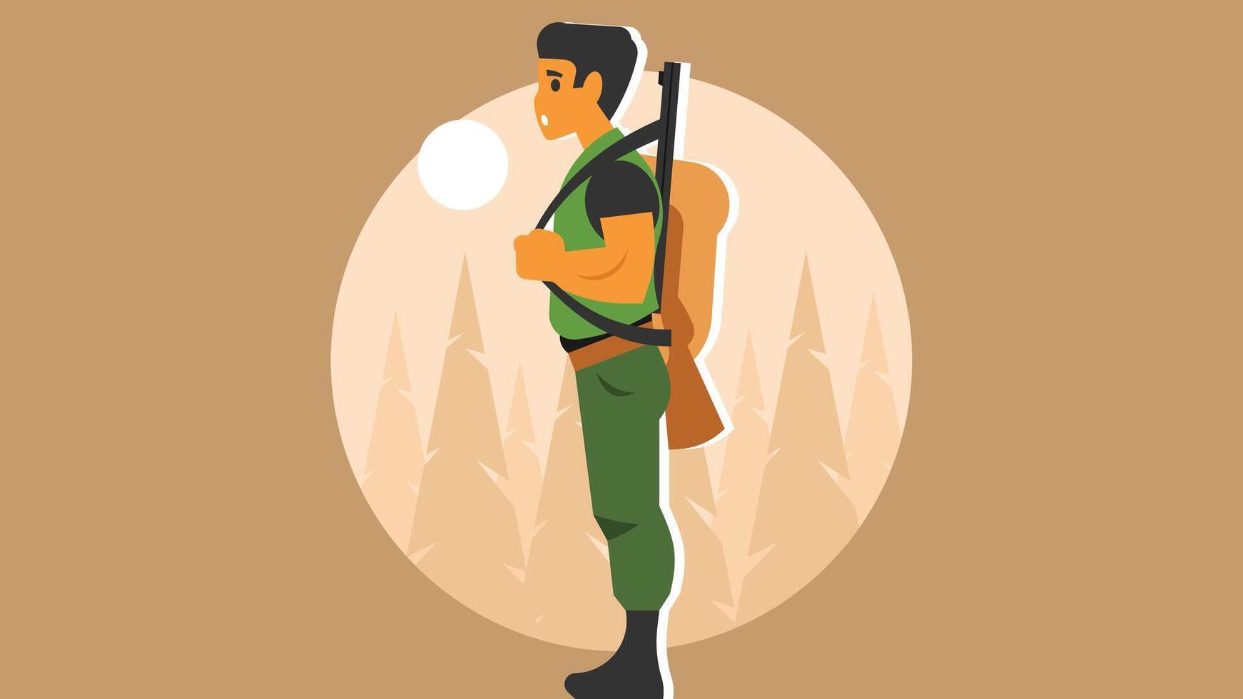 a hunter carries a gun going for hunt season in the nature illustration vector