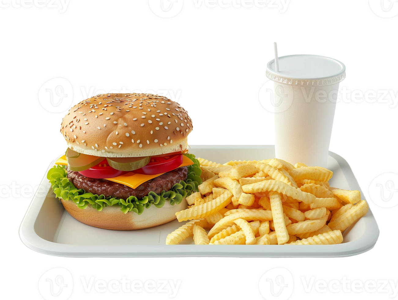 a hamburger and fries on a tray with a drink png