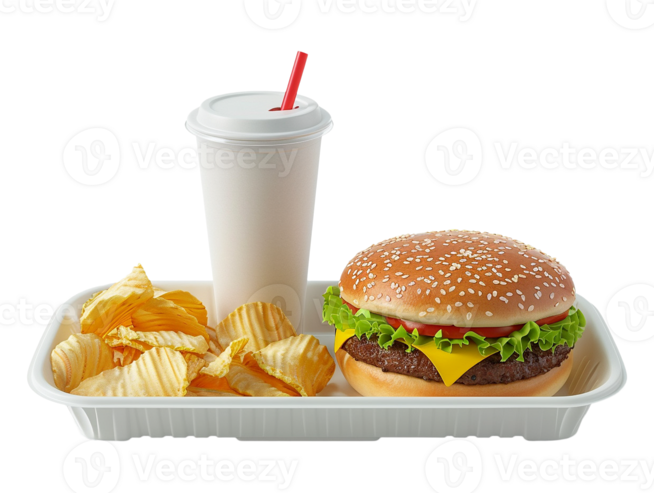 a hamburger and fries on a tray with a drink png