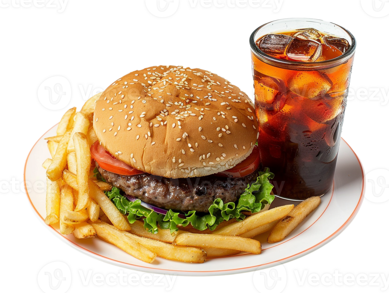 a hamburger and fries on a tray with a drink png