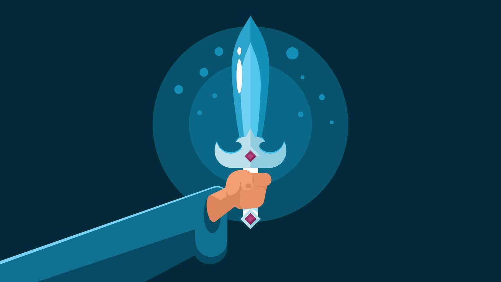 A wizard hand holding a magical sword with light in the dark illustration vector