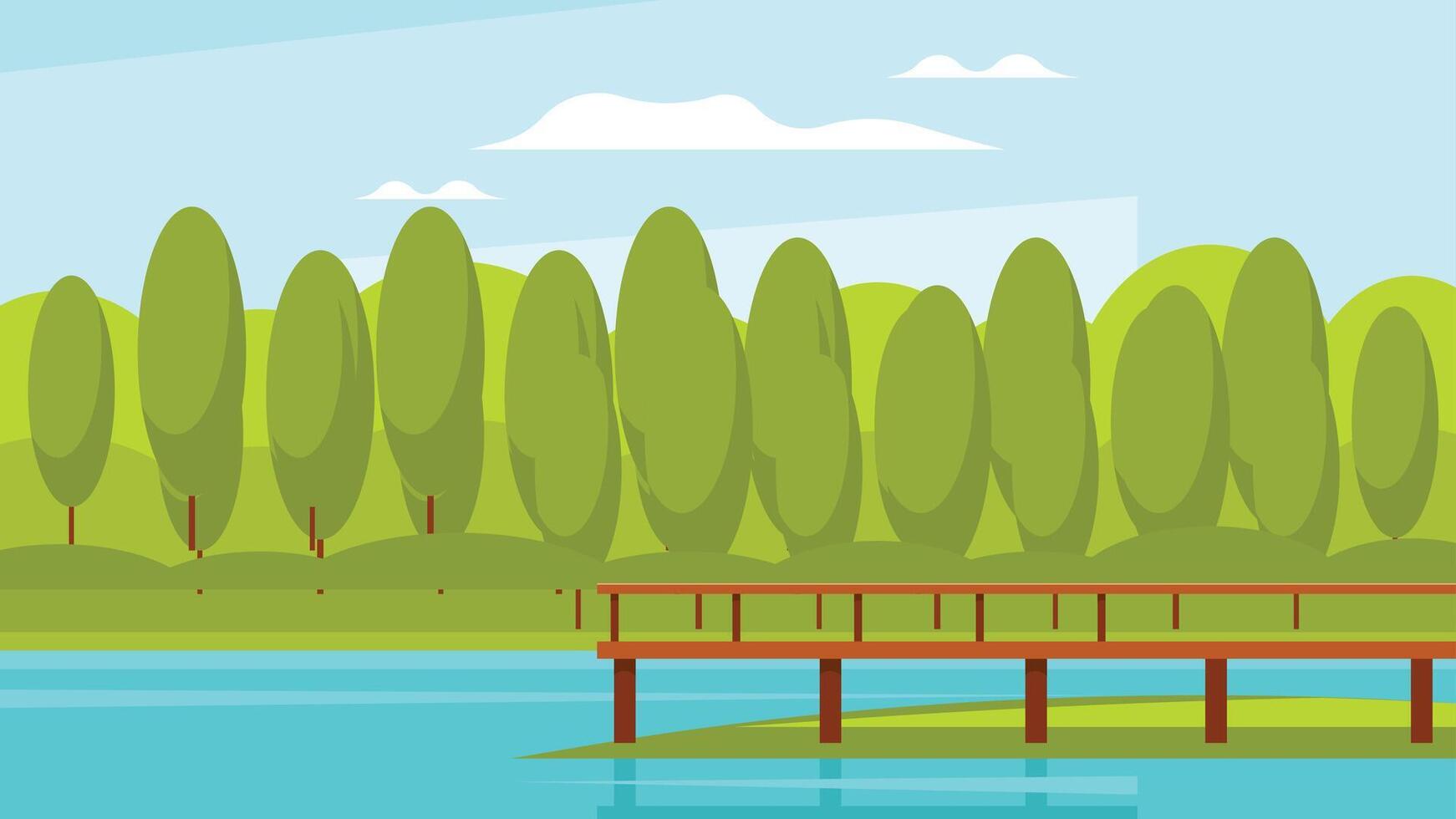 cartoon background of ocean deck with background tree line illustration vector