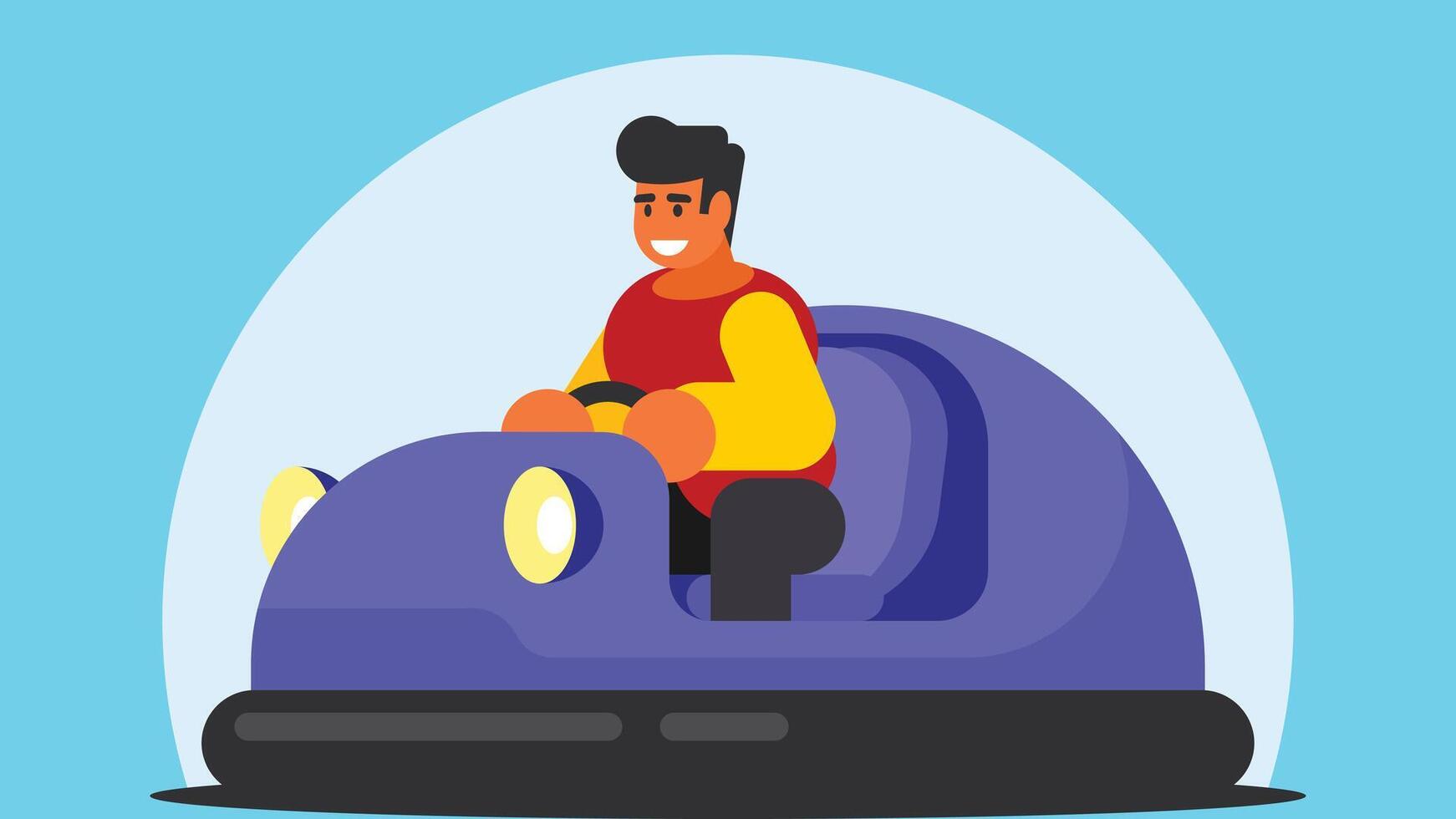 boy playing electric cars in a theme park illustration vector